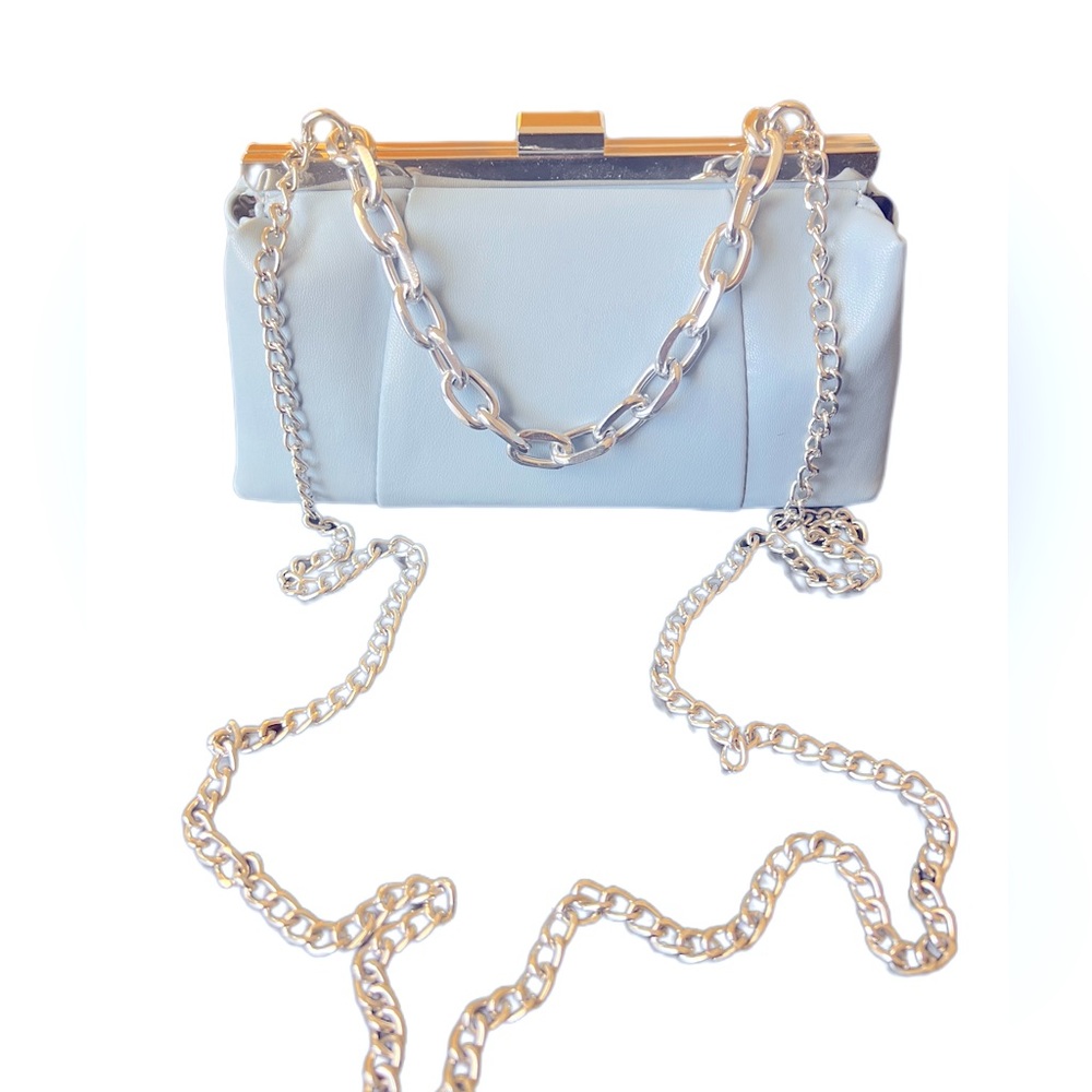 Powder Blue Snap Closure Crossbody Silver Chain Strap Hardware Purse